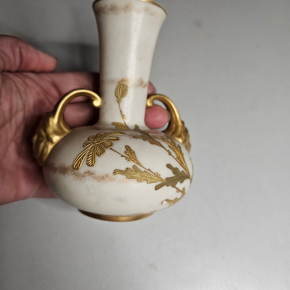 Antique Royal Worcester Miniature Bud Vase Gilt Botanical Figural Handles 880